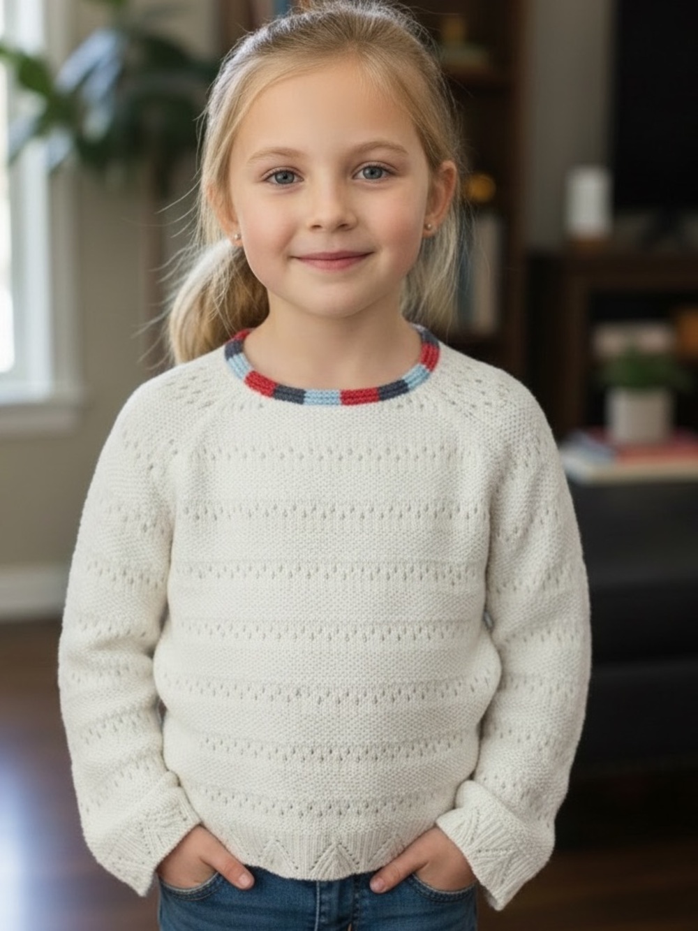 Nik & Leksi White Knit Sweater with Striped Neckline